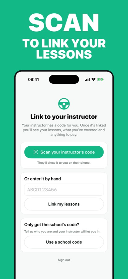 The pairing screen in Roadworthy Student, scanning an instructor's QR code.